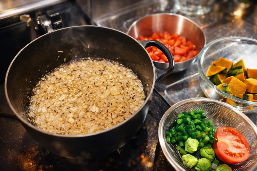 スパイスを炒めながら料理の下準備をしているキッチンの風景