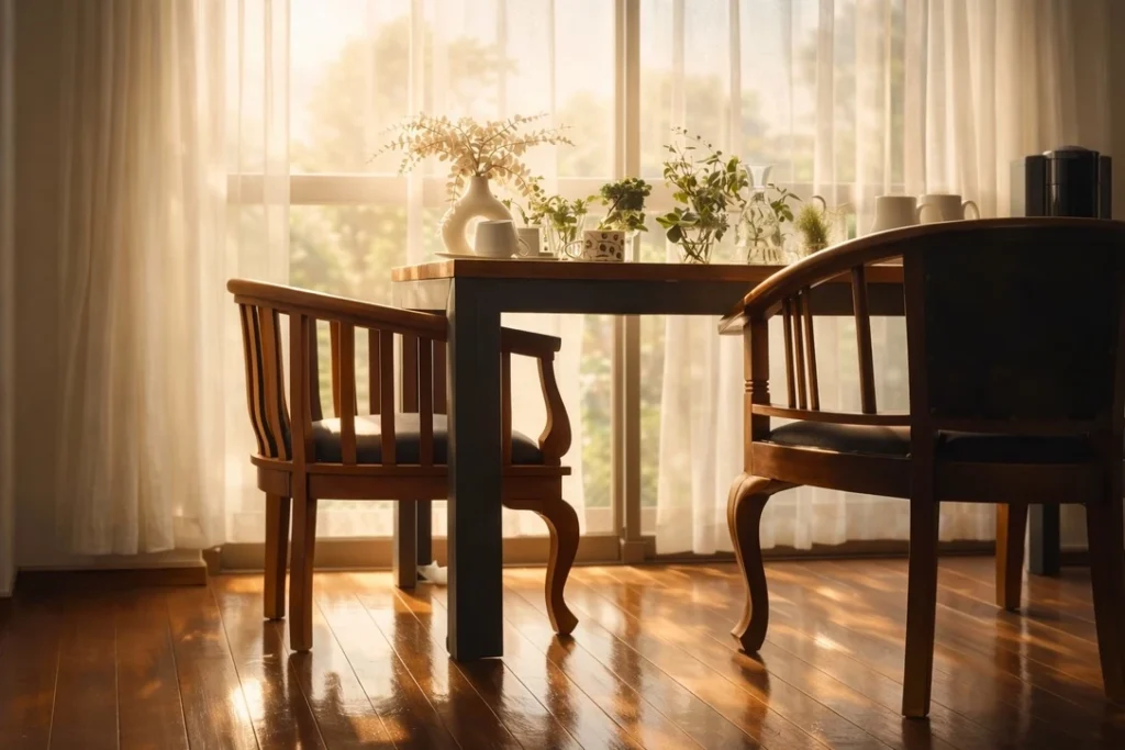 朝の光が差し込むダイニングテーブルの静かな風景