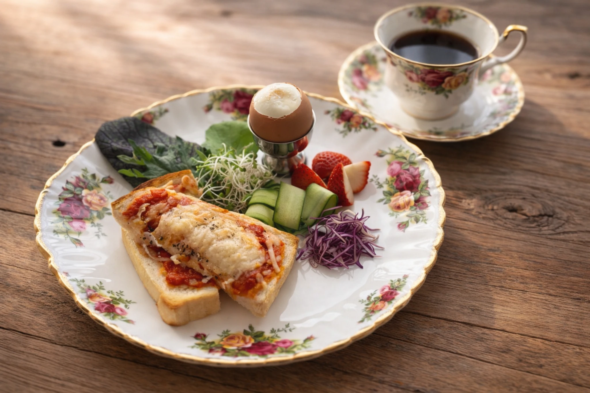 ROYAL Albertのお皿にピザトーストと温泉卵、野菜を盛った朝ごはんとコーヒー。50代の丁寧な朝の食卓。