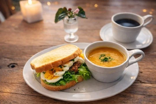 かぼちゃのポタージュとチキンと卵のサンドイッチ。