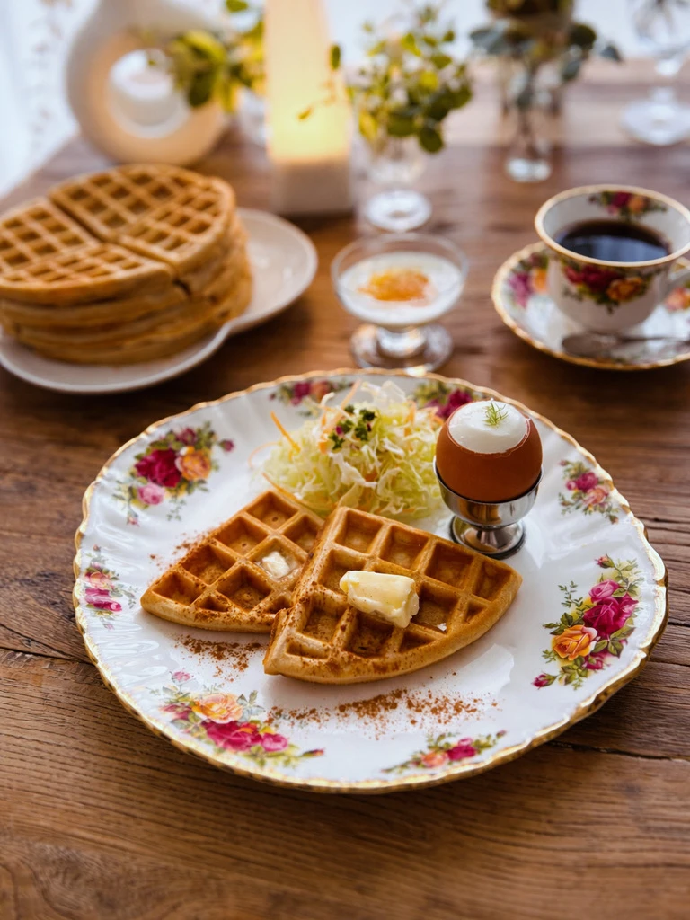ローズ柄のプレートに盛り付けたベティクロッカーのワッフルと半熟卵、自家焙煎コーヒーのある静かな休日の朝食風景