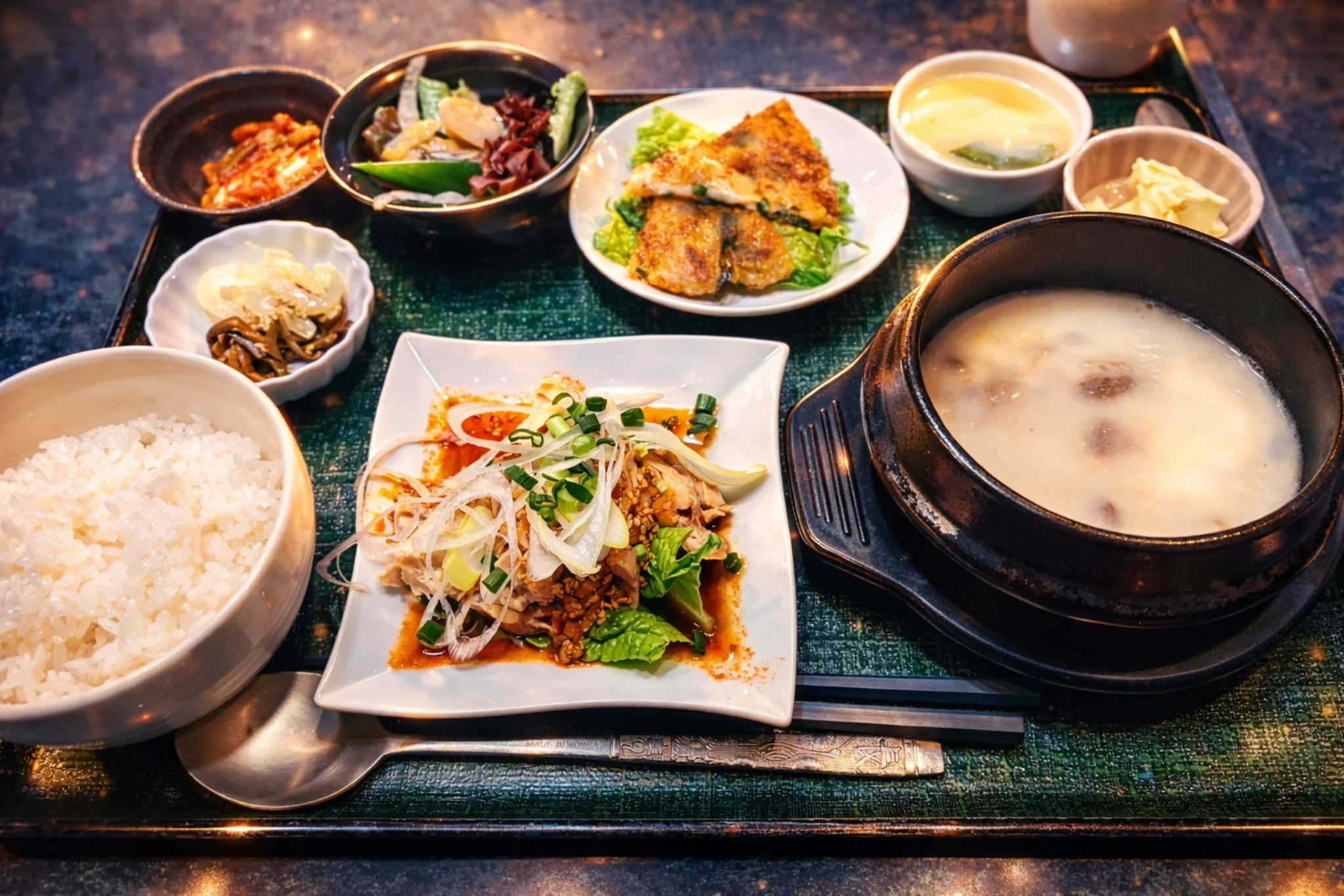 韓国料理ソルラータンのランチ定食。石鍋の白いスープと蒸し鶏、キムチや副菜が並ぶ温かな定食