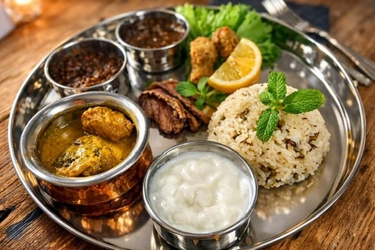 スパイスカレーと緑豆ライスの夕食プレート