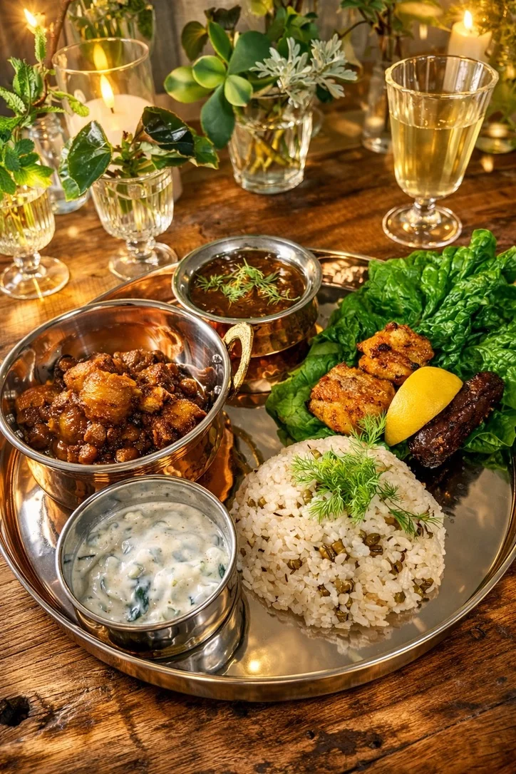 雛まつりの日の夕飯、スパイス料理のグリルチキンとハーブライスのワンプレート