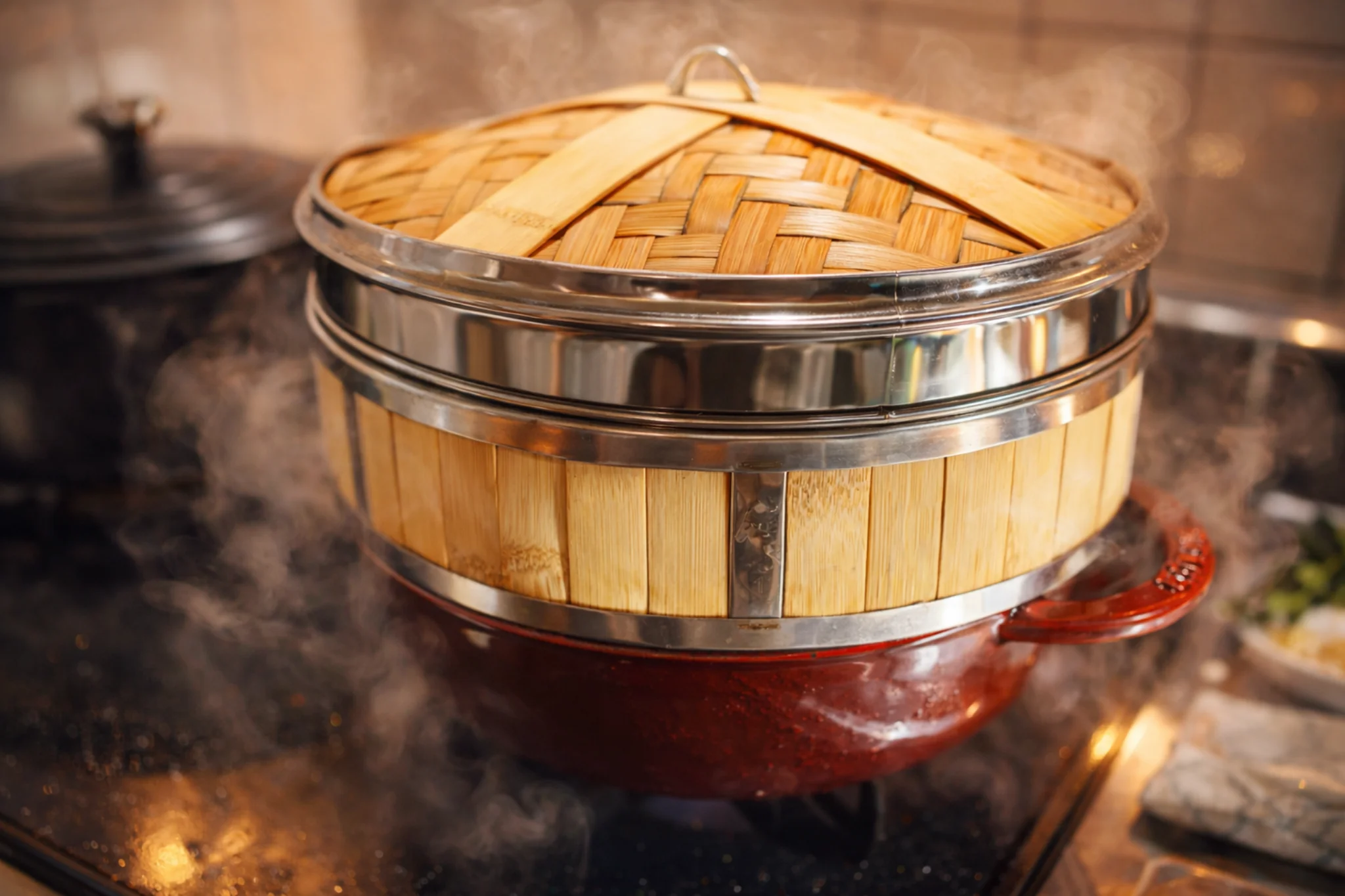 蒸篭で肉まんとじゃがいも、百合根を蒸している湯気の立つ静かな夜のキッチン風景