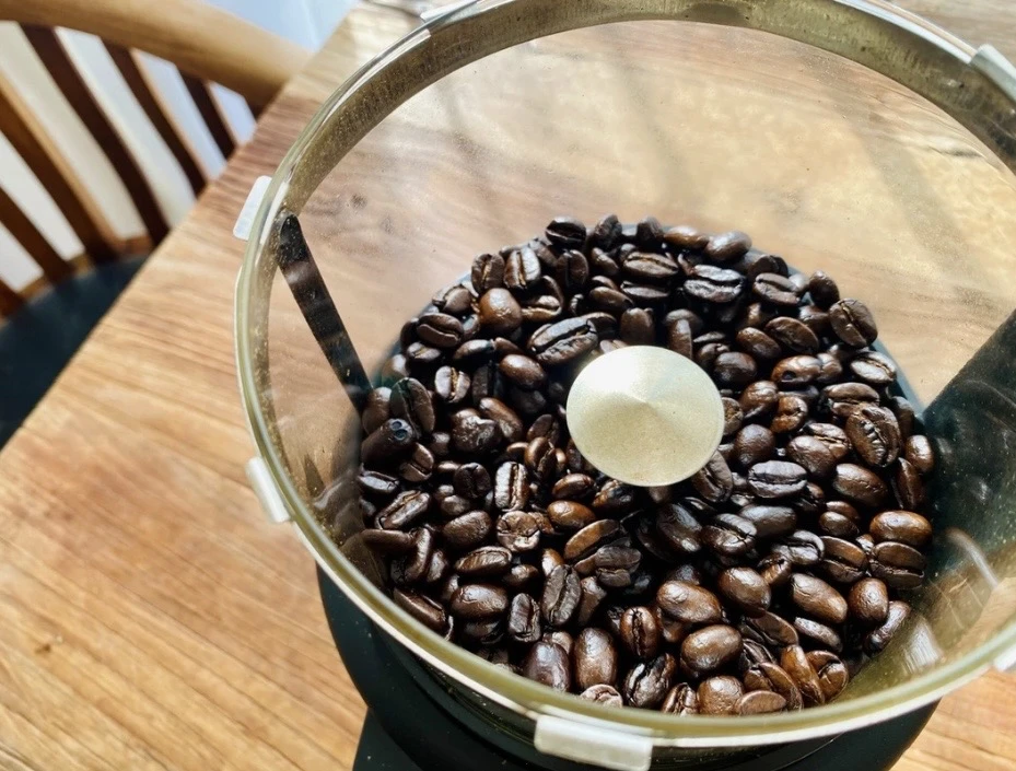 焙煎機の中に広がる珈琲豆。艶やかに色づいた豆が並ぶ。