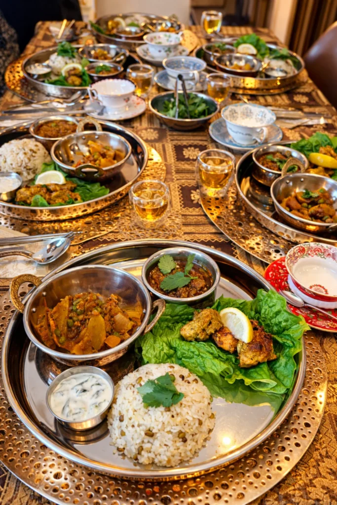 スパイス料理教室で並ぶインド料理のプレートと小鉢。金のトレーに盛られた豊かな食卓。