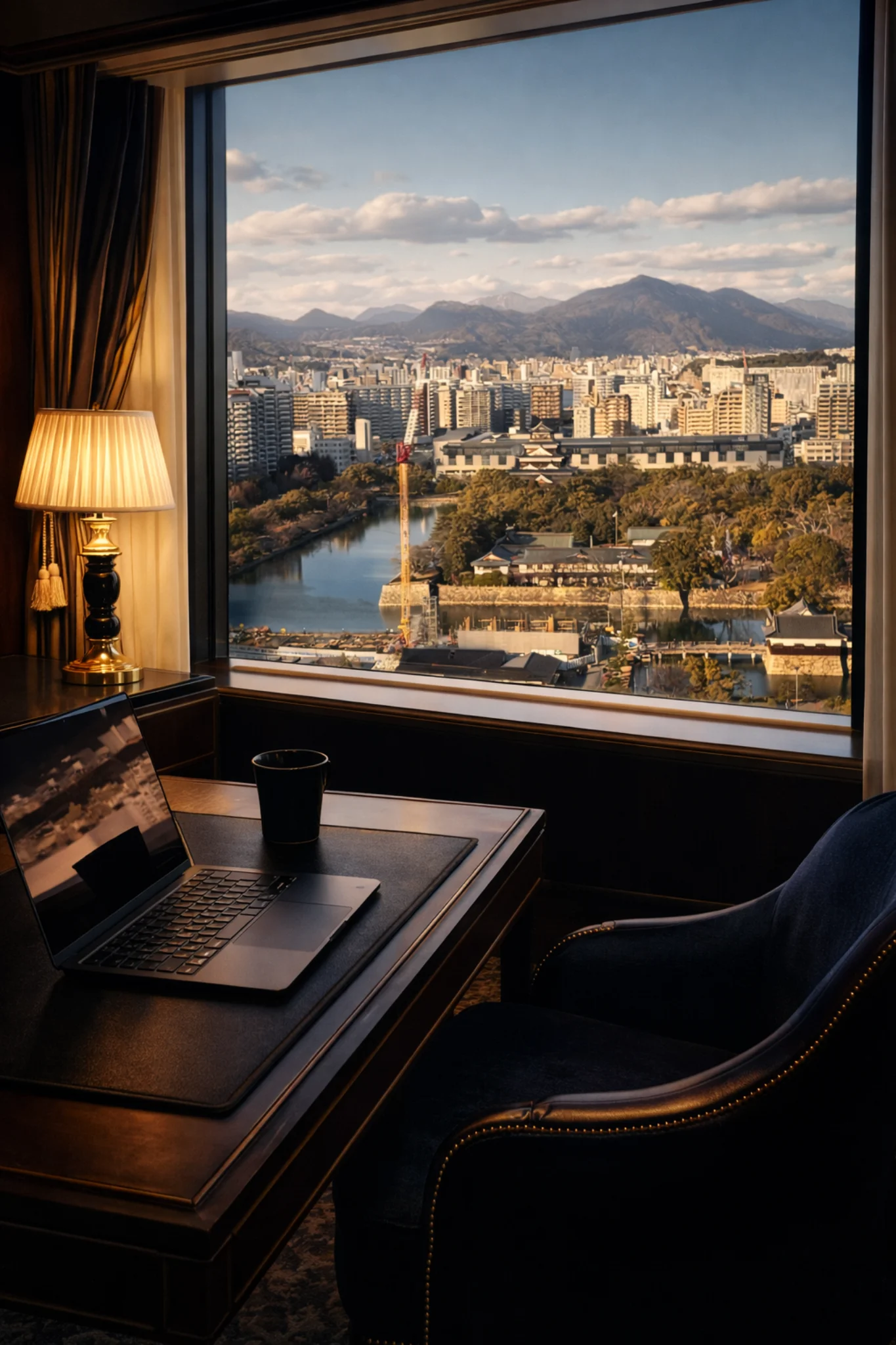 広島のホテルの窓から見える城と川と街並み。デスクとランプが静かに灯る部屋。