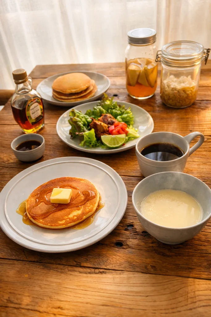メイプルシロップをかけたホットケーキと手作り豆乳、グリルチキンの休日の朝ごはん